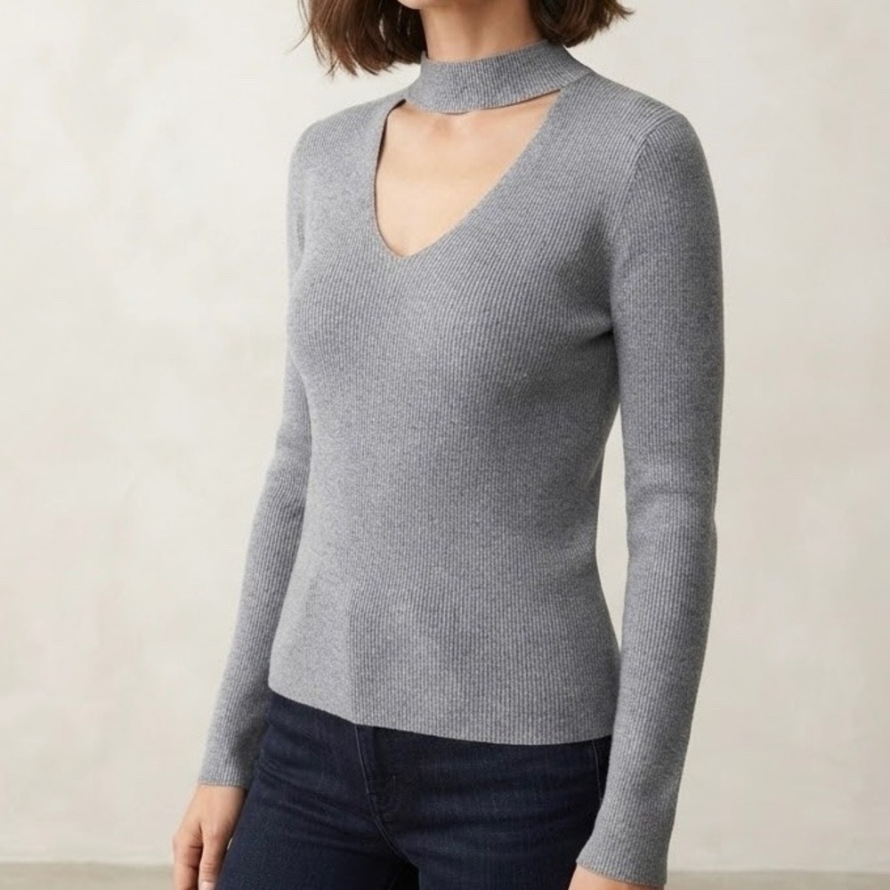 Milly Gray Cashmere Blend Choker Neck Cut Out Long Sleeve Sweater Top Size Small